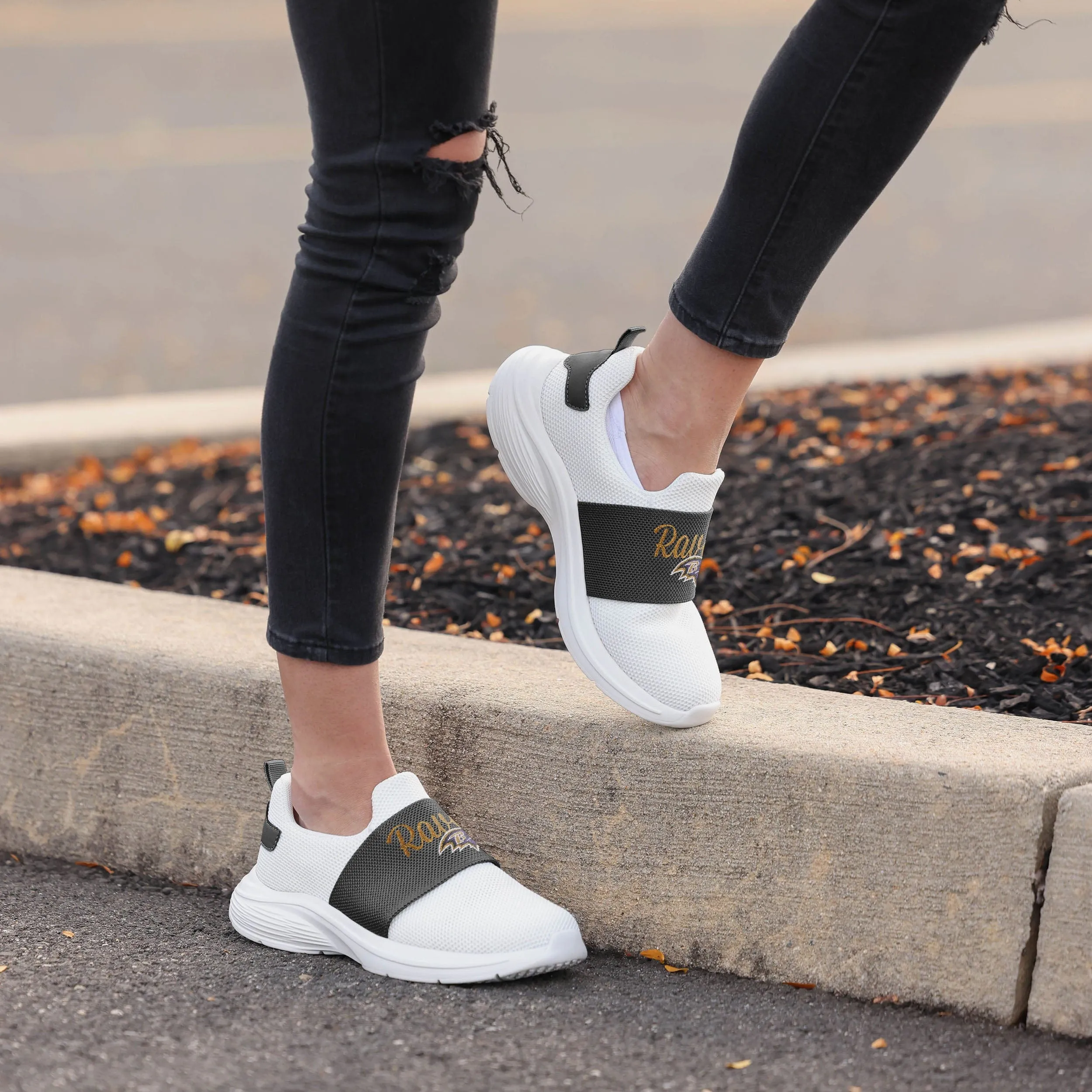 Baltimore Ravens Womens Script Wordmark White Slip On Sneakers