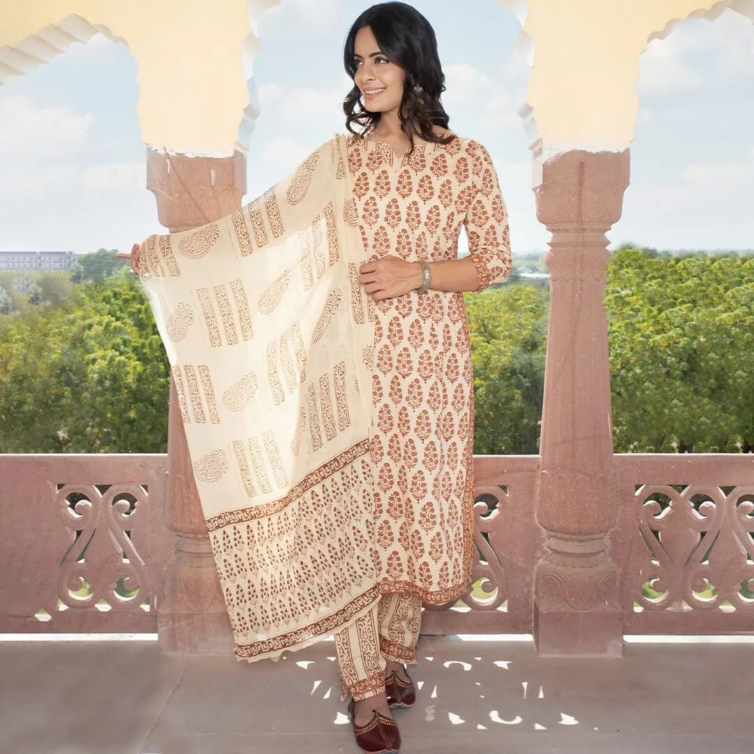 Bhairavi hand block cotton suit set with chiffon dupatta
