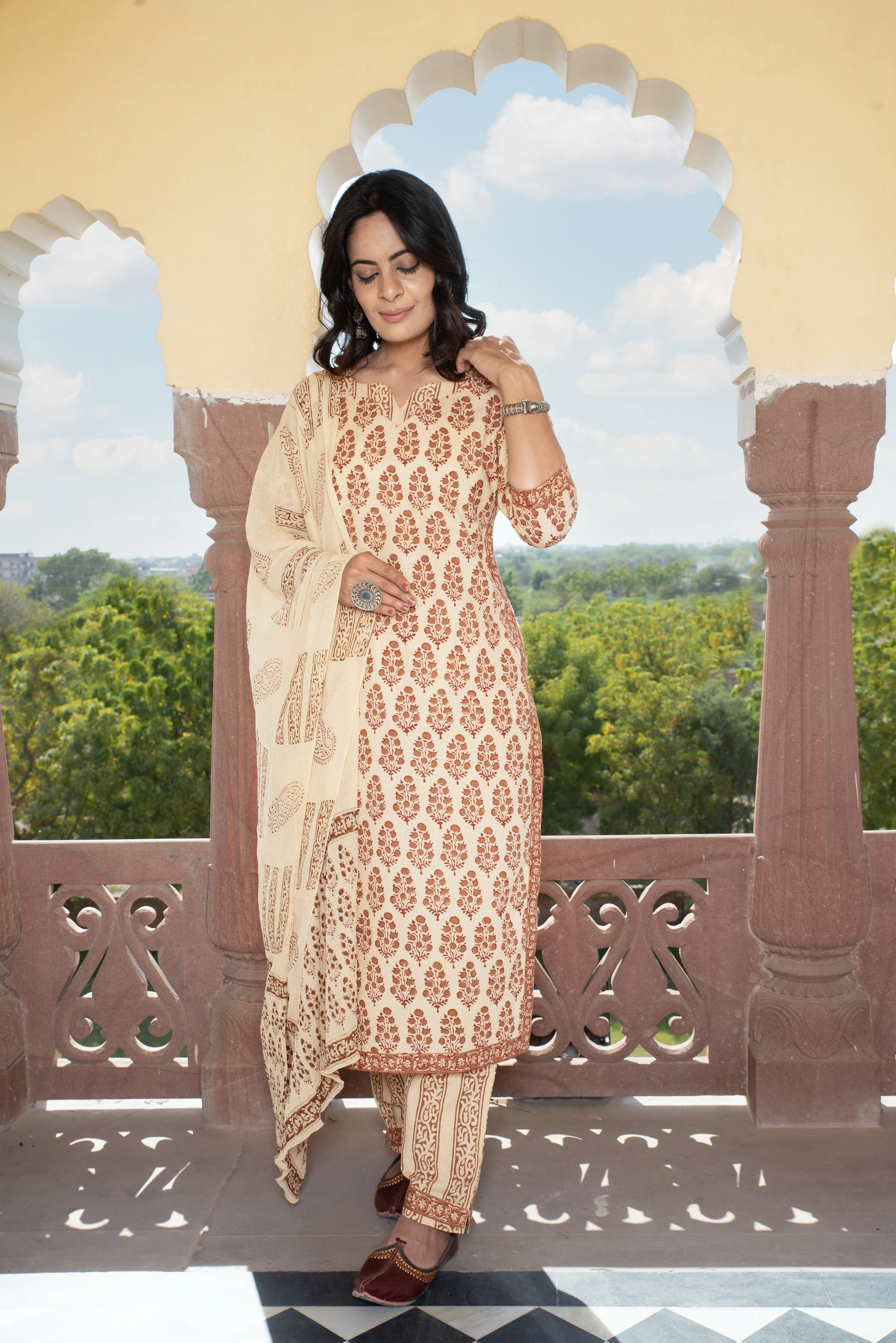 Bhairavi hand block cotton suit set with chiffon dupatta