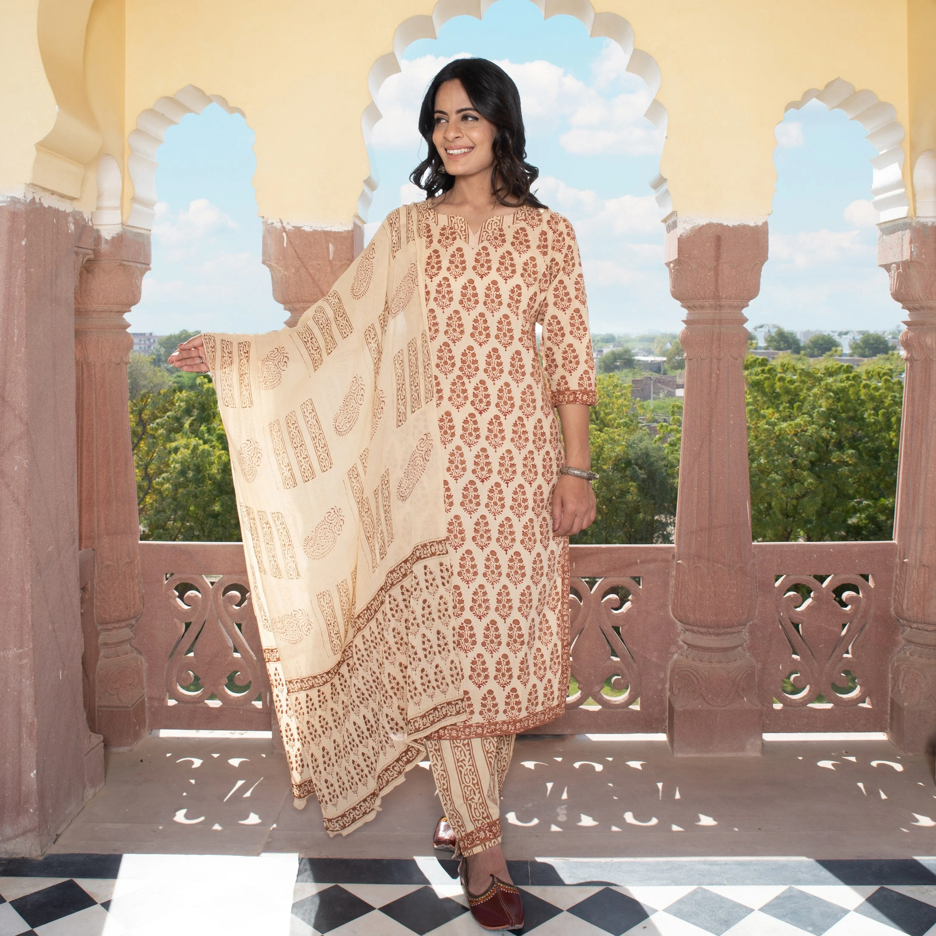 Bhairavi hand block cotton suit set with chiffon dupatta