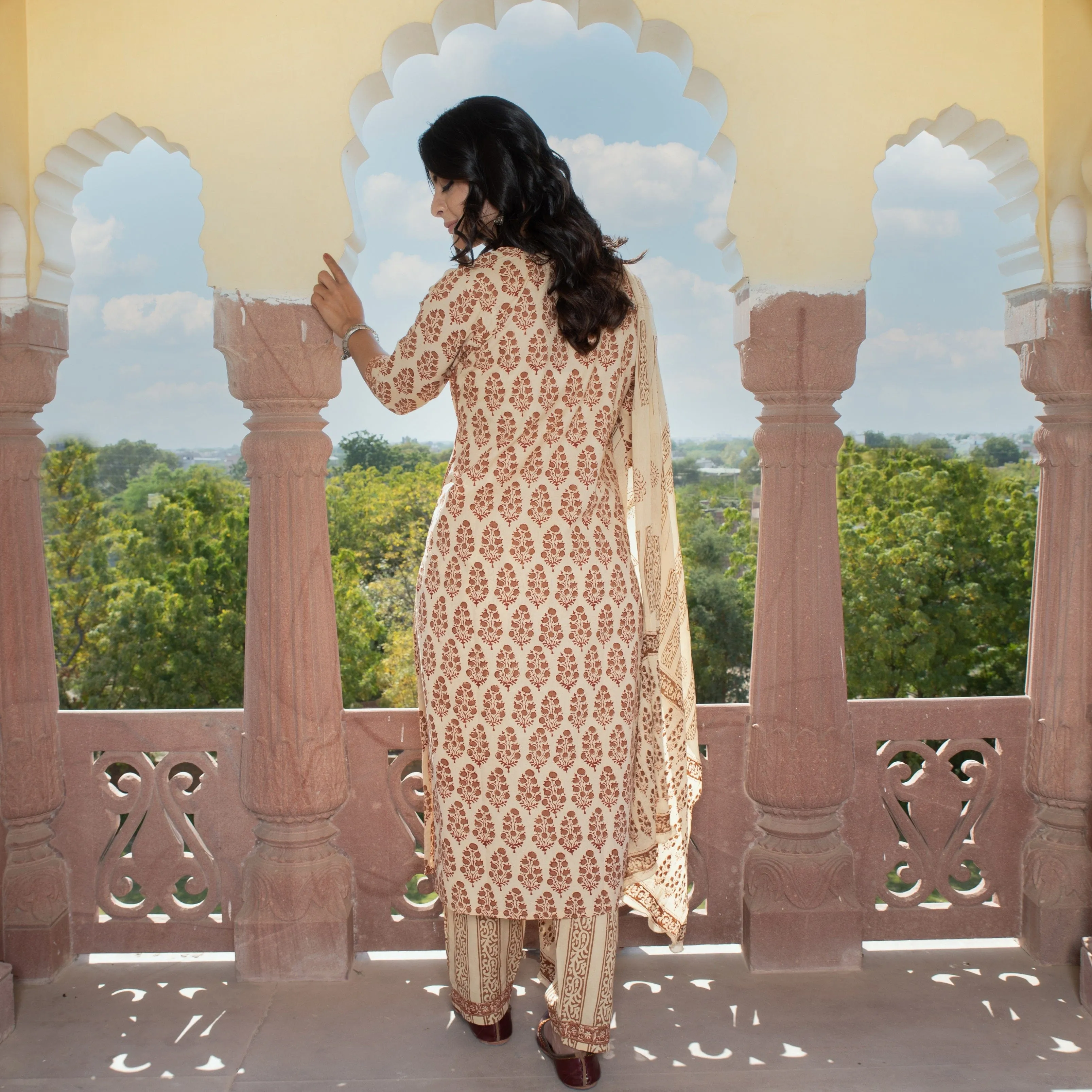Bhairavi hand block cotton suit set with chiffon dupatta