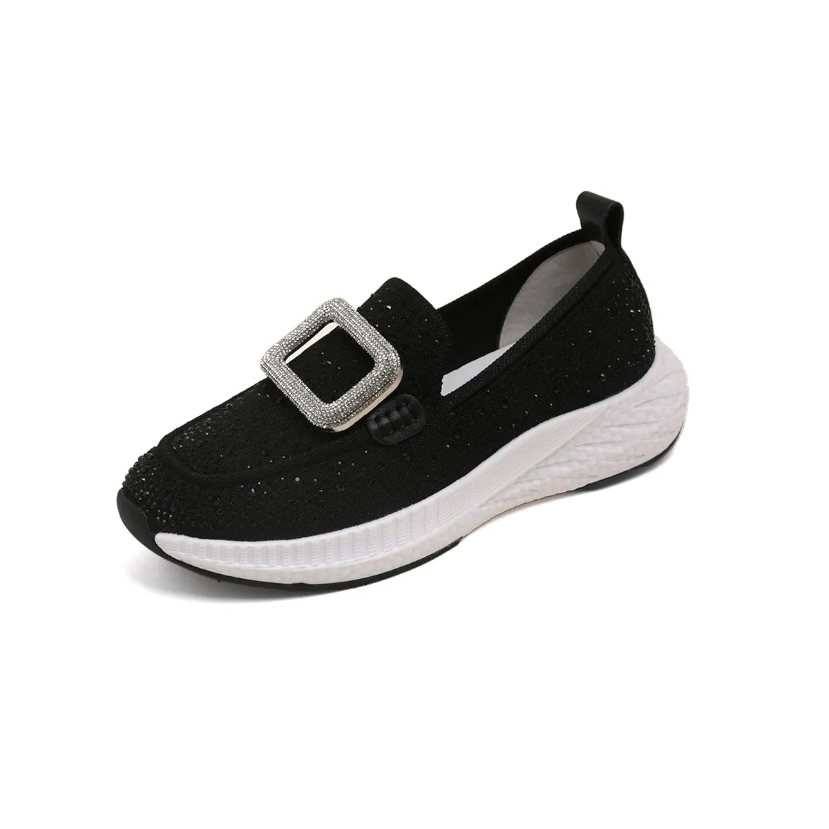 Black Crystal Buckle Knitted Slip On Sneakers