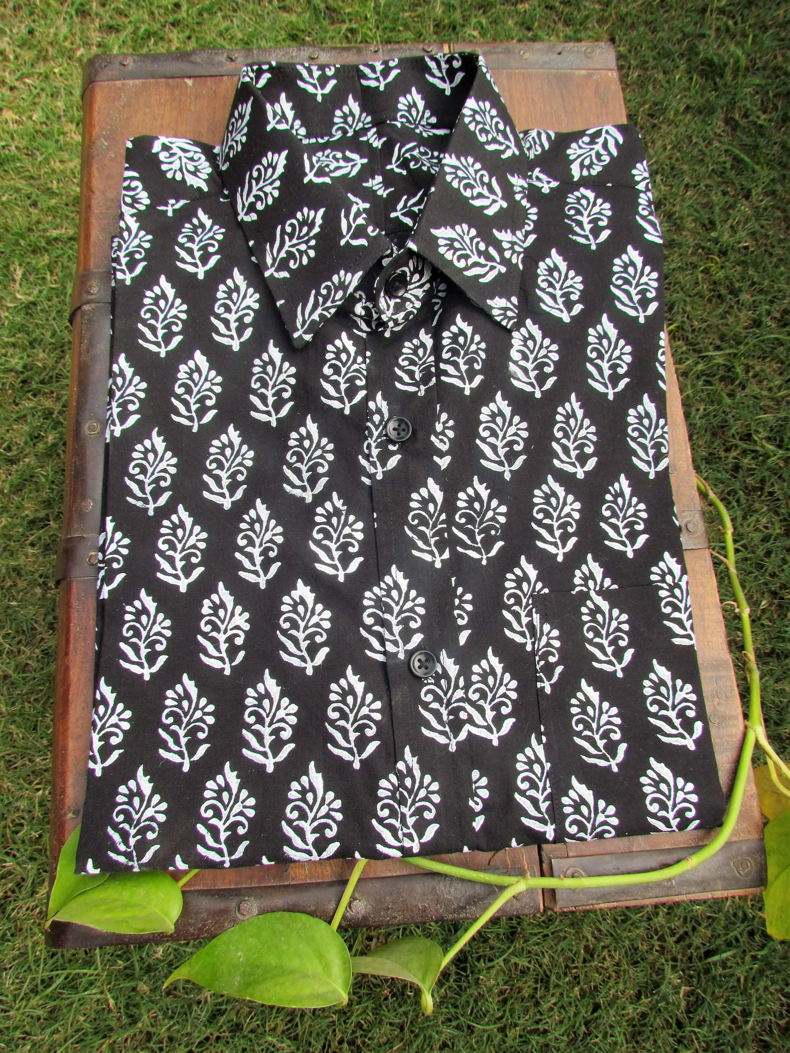 Black motifs hand block cotton shirt