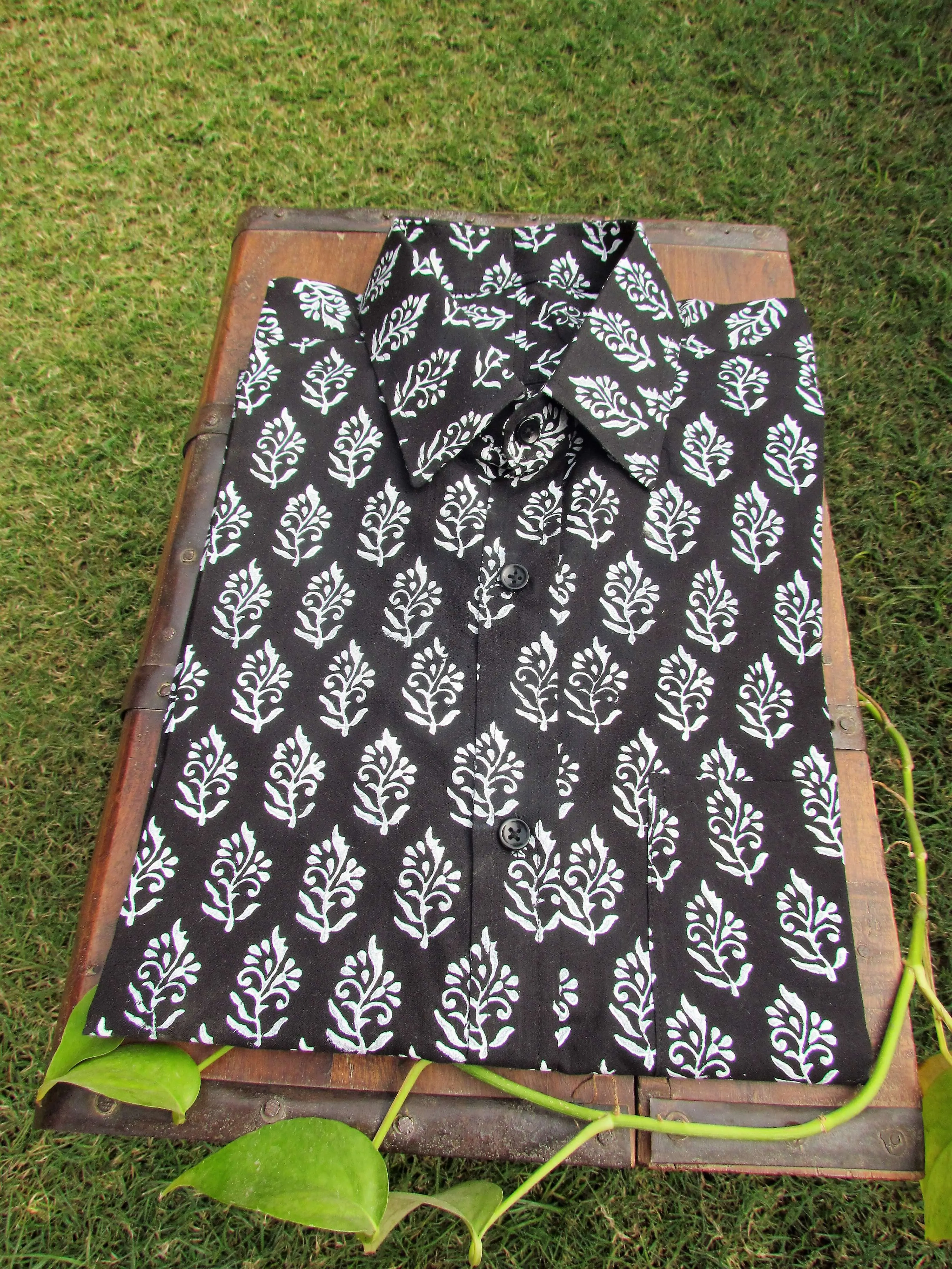 Black motifs hand block cotton shirt