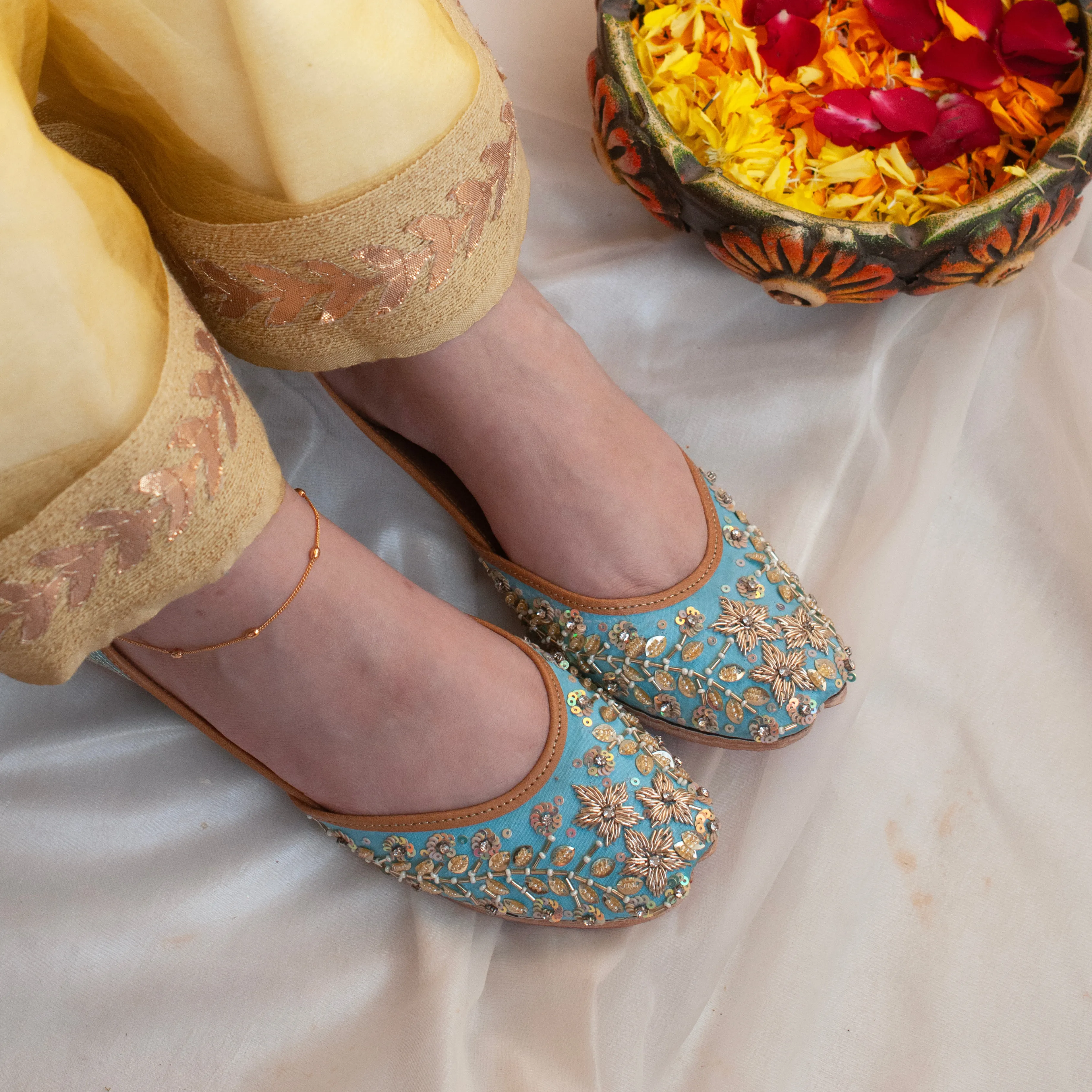Firoza Sky Blue Handcrafted Flower Beadwork Jutti