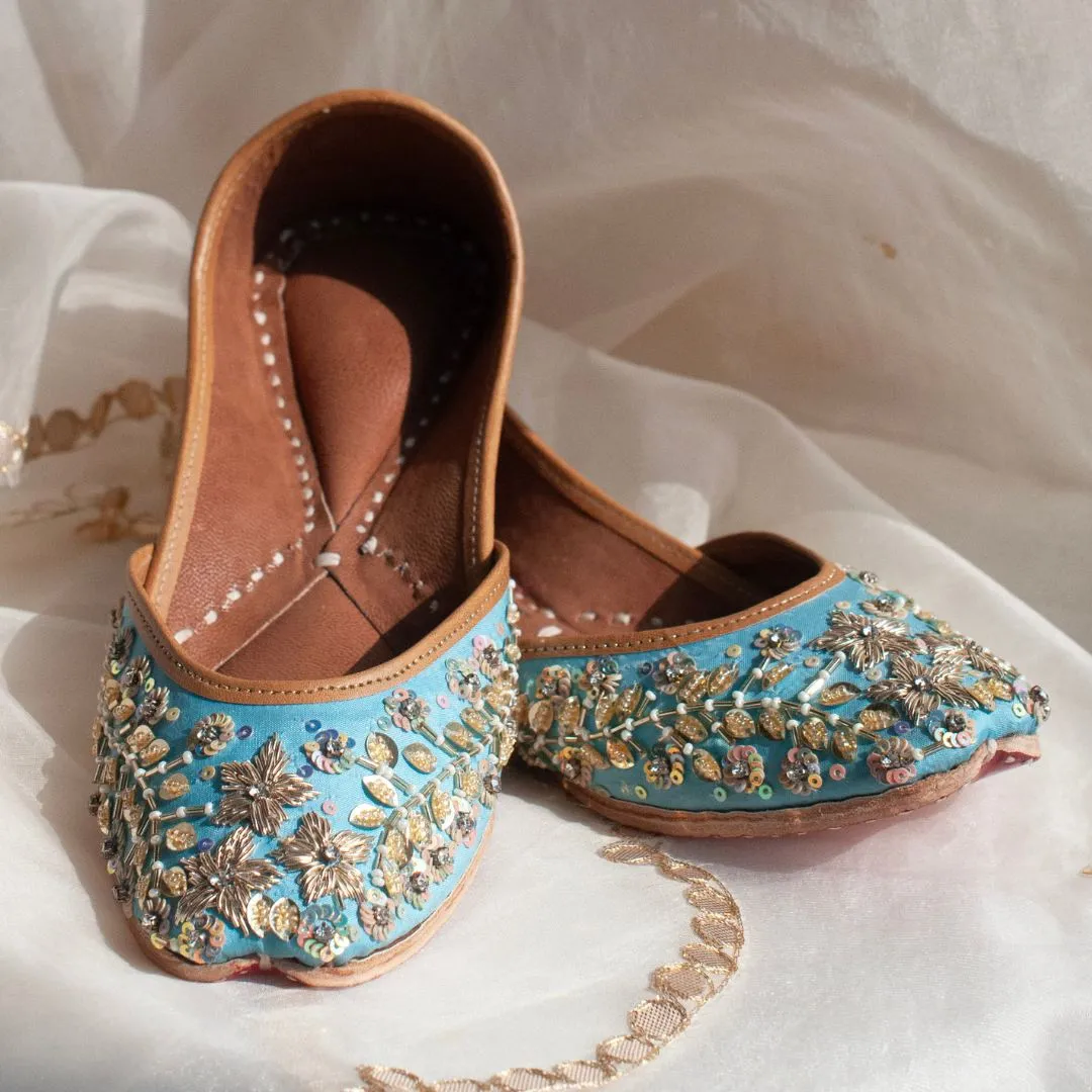 Firoza Sky Blue Handcrafted Flower Beadwork Jutti