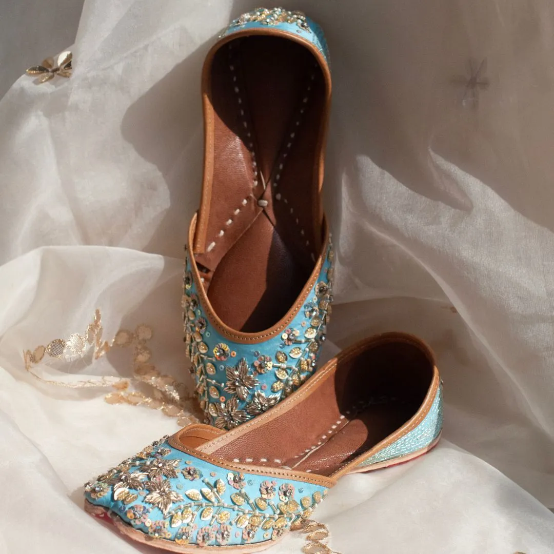 Firoza Sky Blue Handcrafted Flower Beadwork Jutti