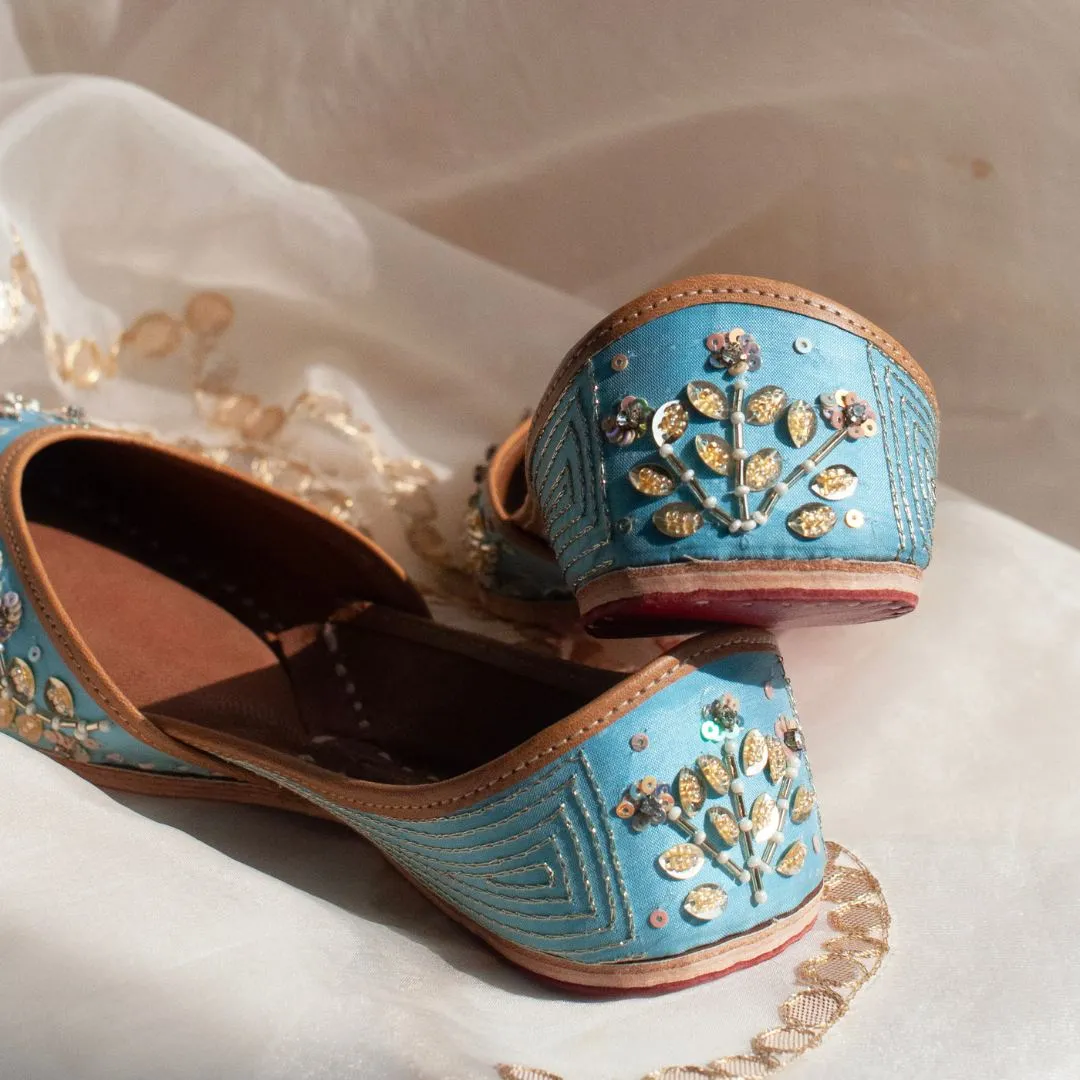Firoza Sky Blue Handcrafted Flower Beadwork Jutti