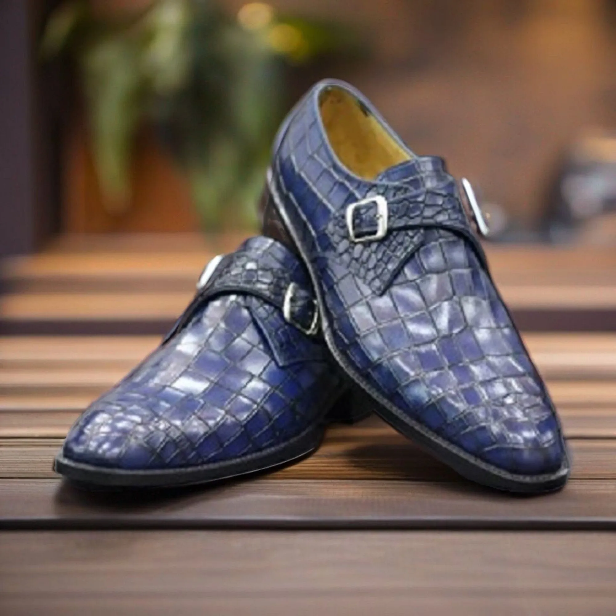 Handmade Genuine Alligator Embossed Leather Monk Strap Shoes Gift for Men