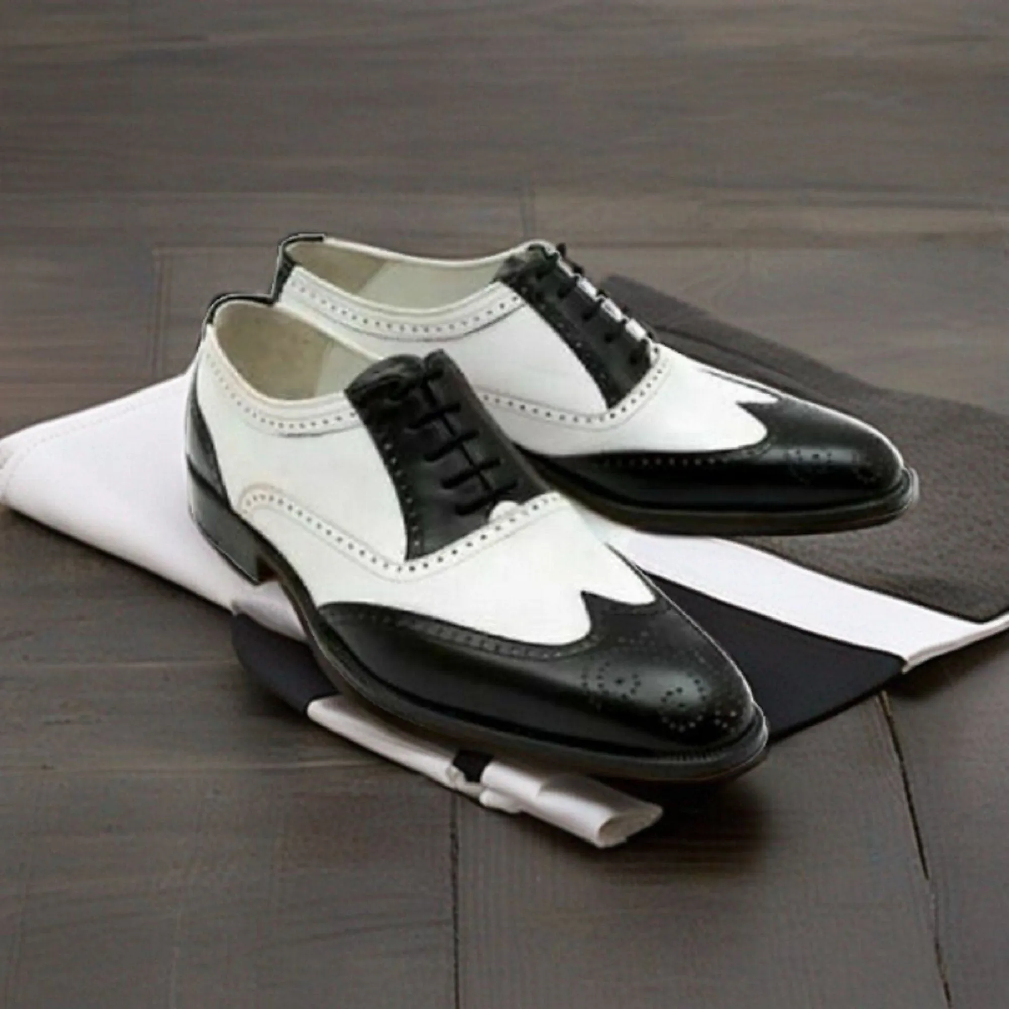 Handmade Men's Black and White Calf Leather Wingtip Brogue Dress Formal Shoes Men Style Gift For Men