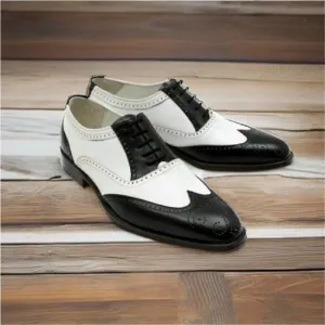 Handmade Men's Black and White Calf Leather Wingtip Brogue Dress Formal Shoes Men Style Gift For Men
