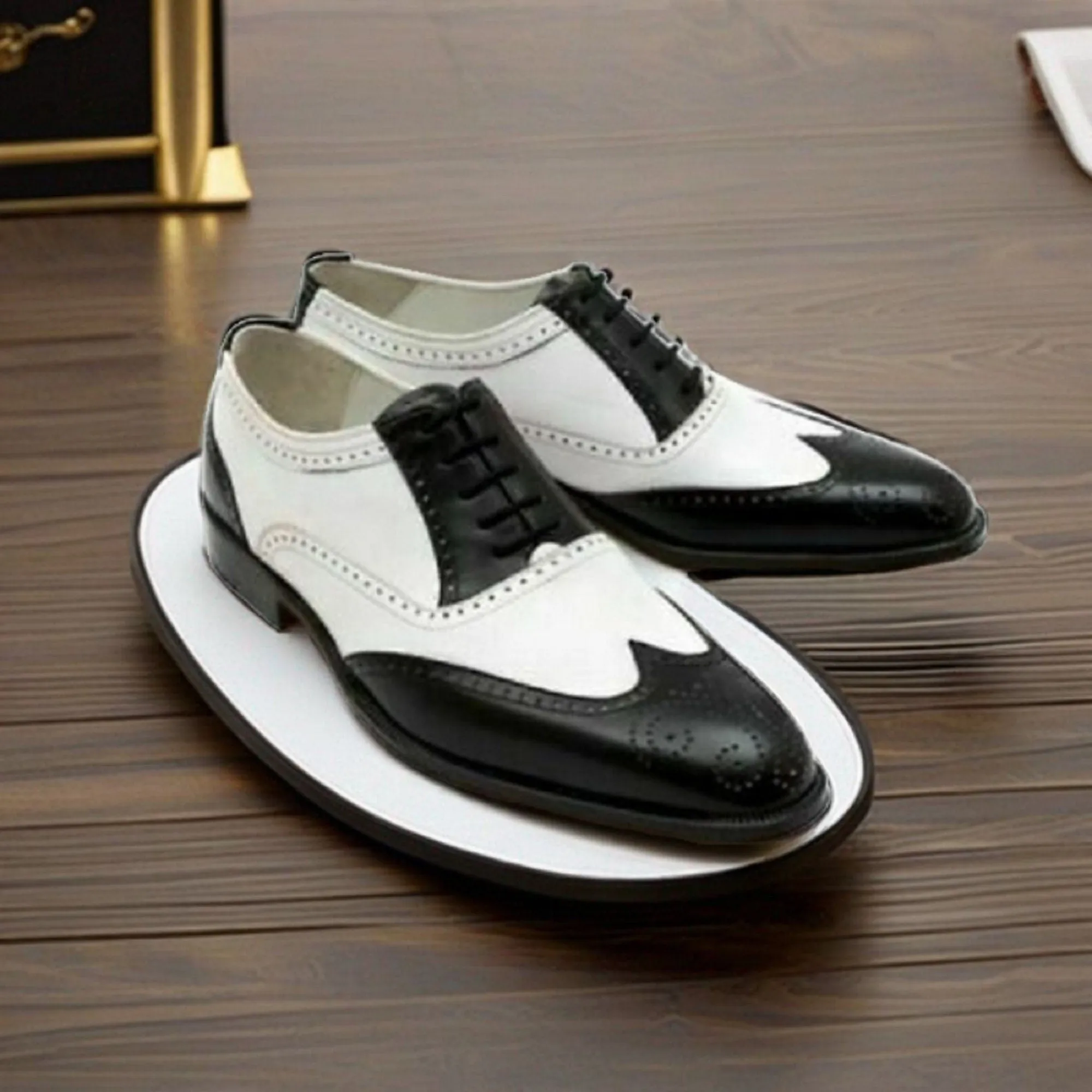 Handmade Men's Black and White Calf Leather Wingtip Brogue Dress Formal Shoes Men Style Gift For Men