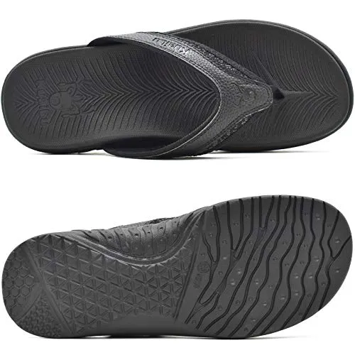KuaiLu Mens Leather Sport Flip Flops Comfort Orthotic Thong Sandals with Plantar Fasciitis Arch Support for Outdoor Summer