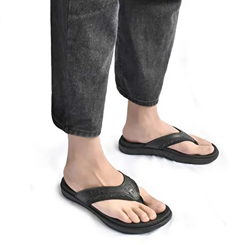 KuaiLu Mens Leather Sport Flip Flops Comfort Orthotic Thong Sandals with Plantar Fasciitis Arch Support for Outdoor Summer