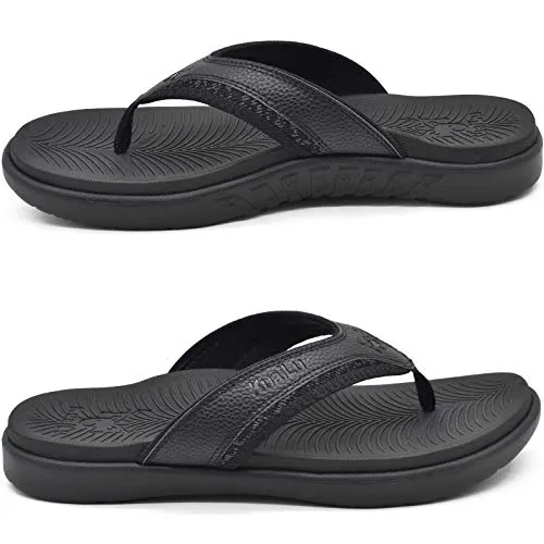 KuaiLu Mens Leather Sport Flip Flops Comfort Orthotic Thong Sandals with Plantar Fasciitis Arch Support for Outdoor Summer