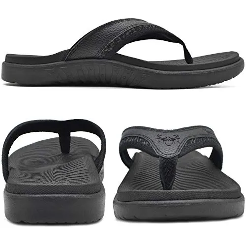 KuaiLu Mens Leather Sport Flip Flops Comfort Orthotic Thong Sandals with Plantar Fasciitis Arch Support for Outdoor Summer