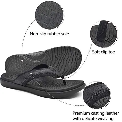 KuaiLu Mens Leather Sport Flip Flops Comfort Orthotic Thong Sandals with Plantar Fasciitis Arch Support for Outdoor Summer