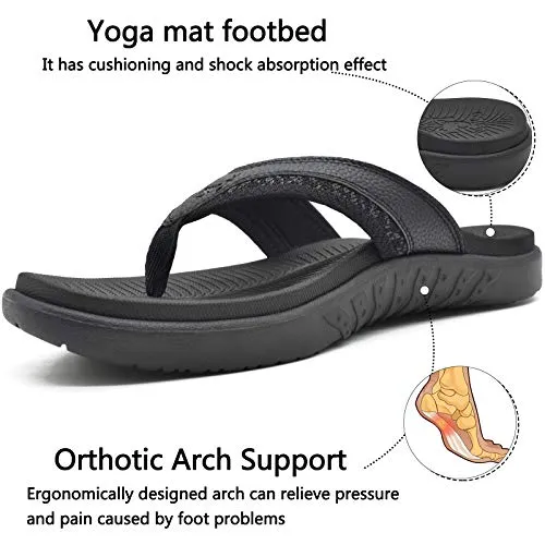 KuaiLu Mens Leather Sport Flip Flops Comfort Orthotic Thong Sandals with Plantar Fasciitis Arch Support for Outdoor Summer