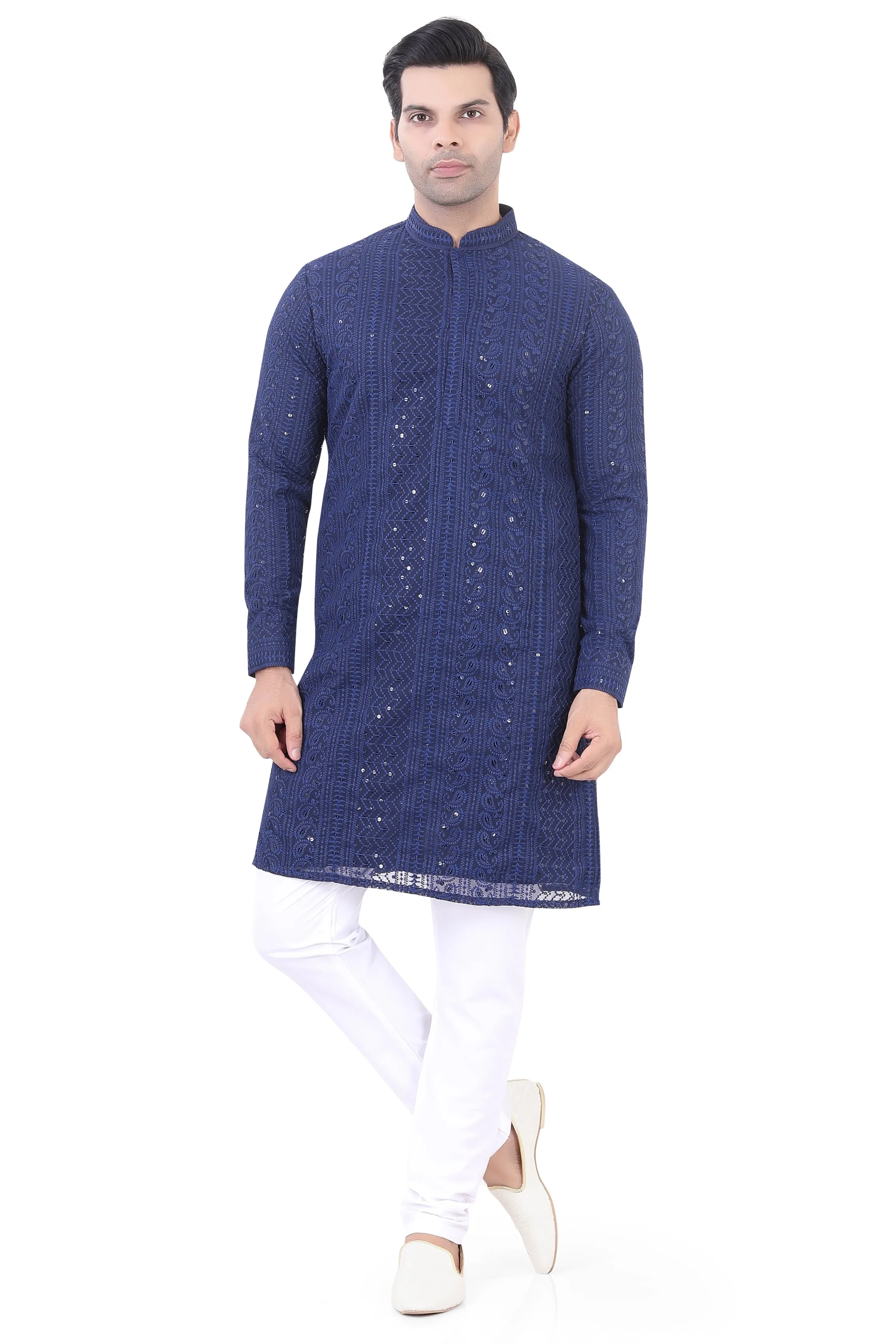 Lucknowi Kurta Pajama Set in Navy Blue  - LCKP-009