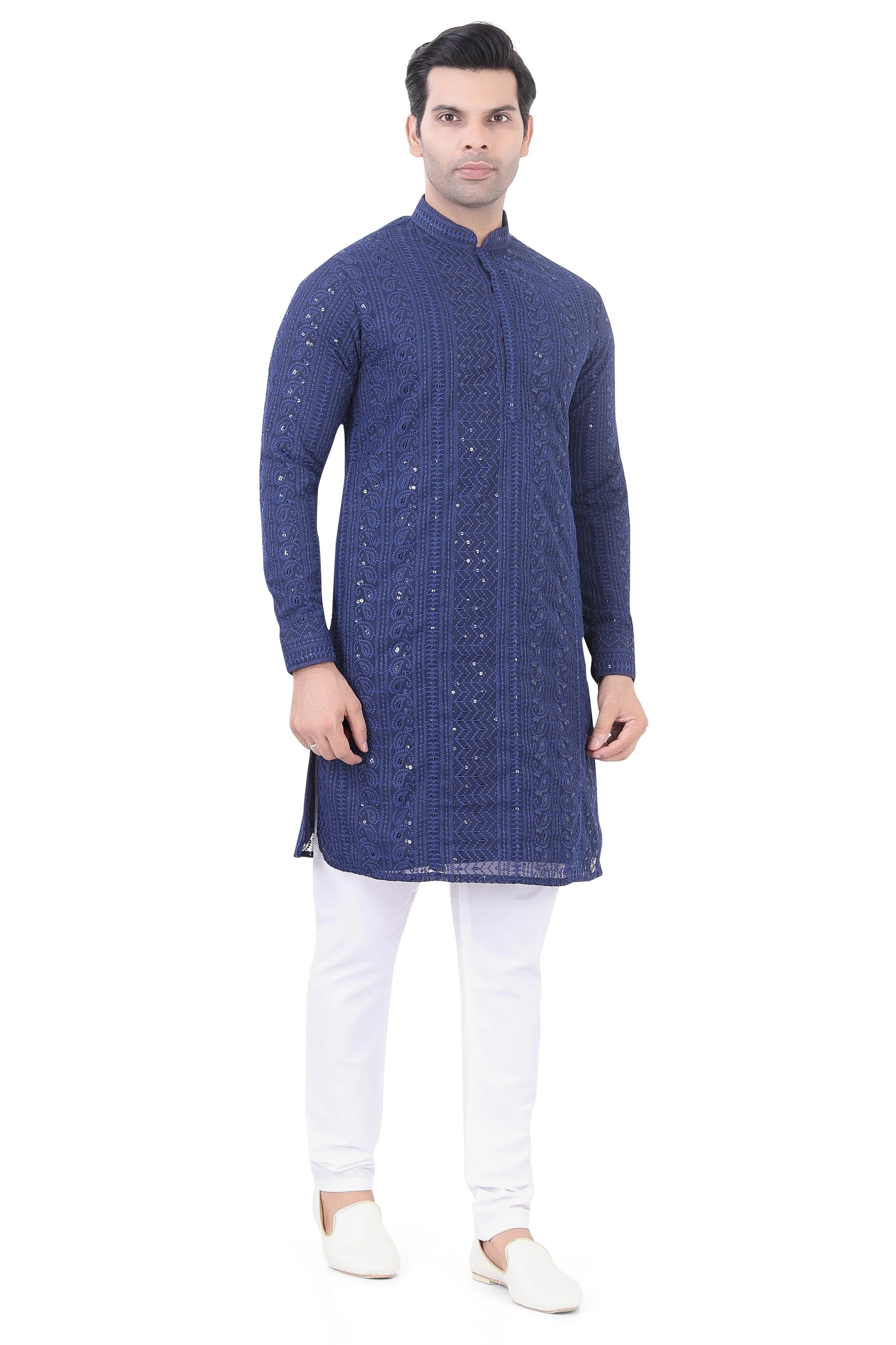Lucknowi Kurta Pajama Set in Navy Blue  - LCKP-009