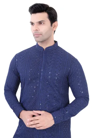 Lucknowi Kurta Pajama Set in Navy Blue  - LCKP-009