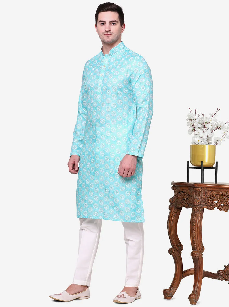 Mint Green Printed Cotton Silk Blend Kurta for Men