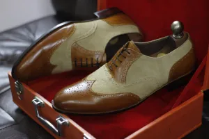 New Men's Handmade Formal Shoes Beige Suede & Brown Leather Lace Up Stylish Wing Tip Dress and Formal Wear Shoes