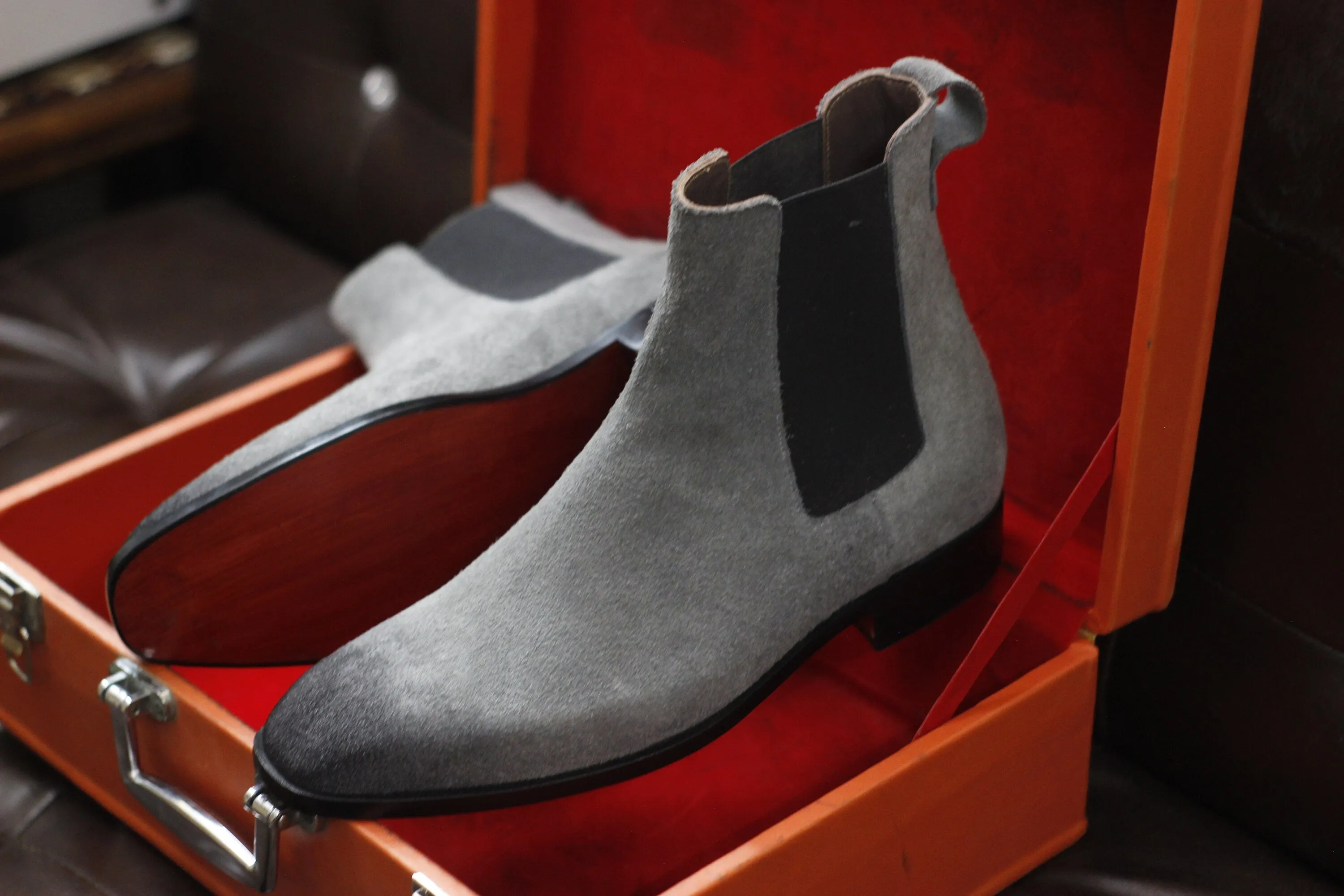 New Men's Handmade Formal Shoes Grey Shaded Suede Leather Pull On Ankle High Stylish Chelsea Boots