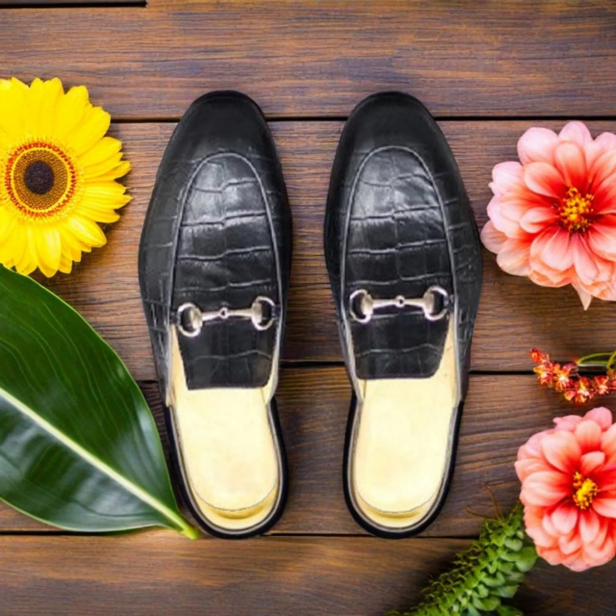 New Men's Handmade Formal Shoes Tan Black Leather Slip On Stylish Mules For Men