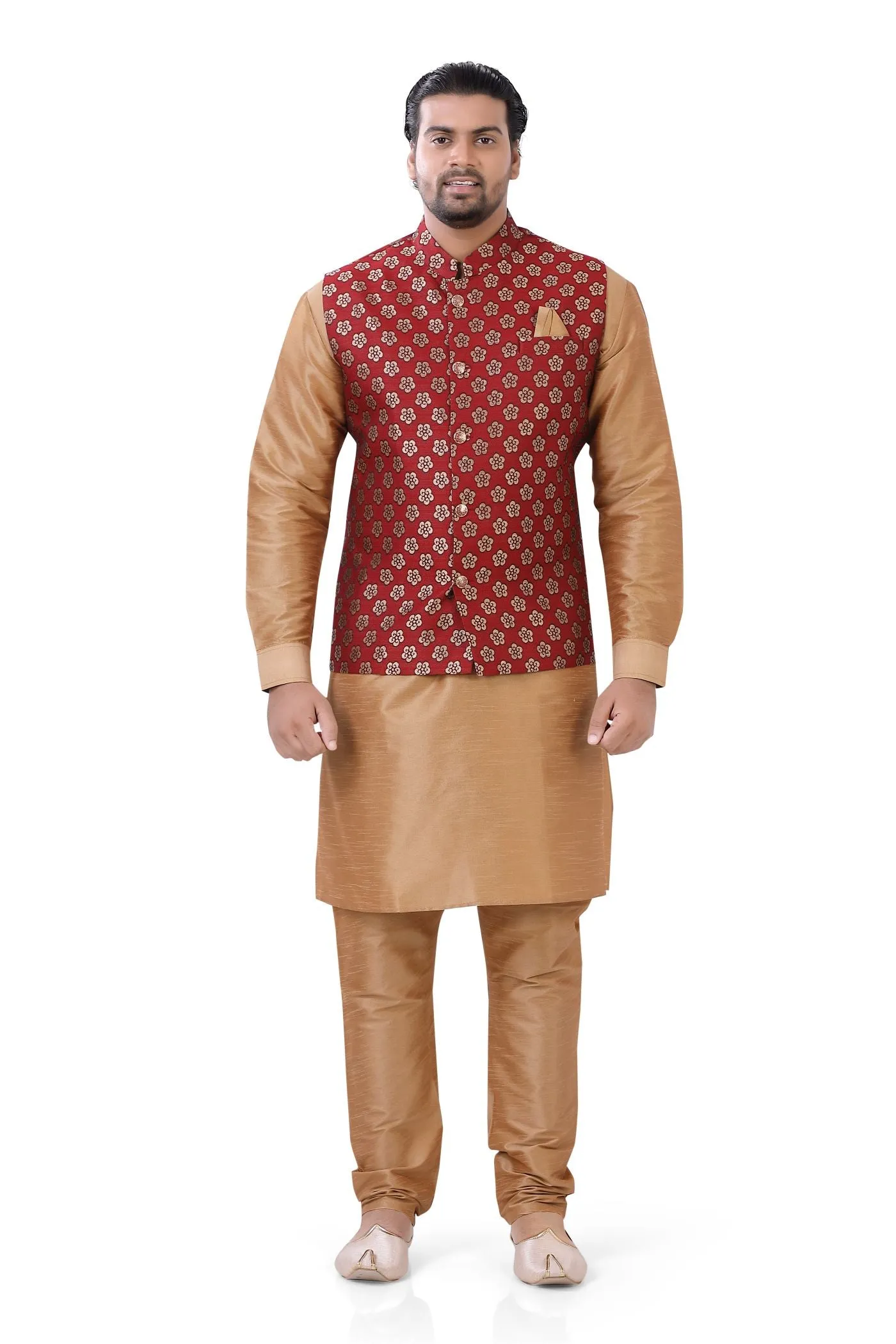 Plus size Vest coat in Maroon with Gold Dupion Silk kurta pajama
