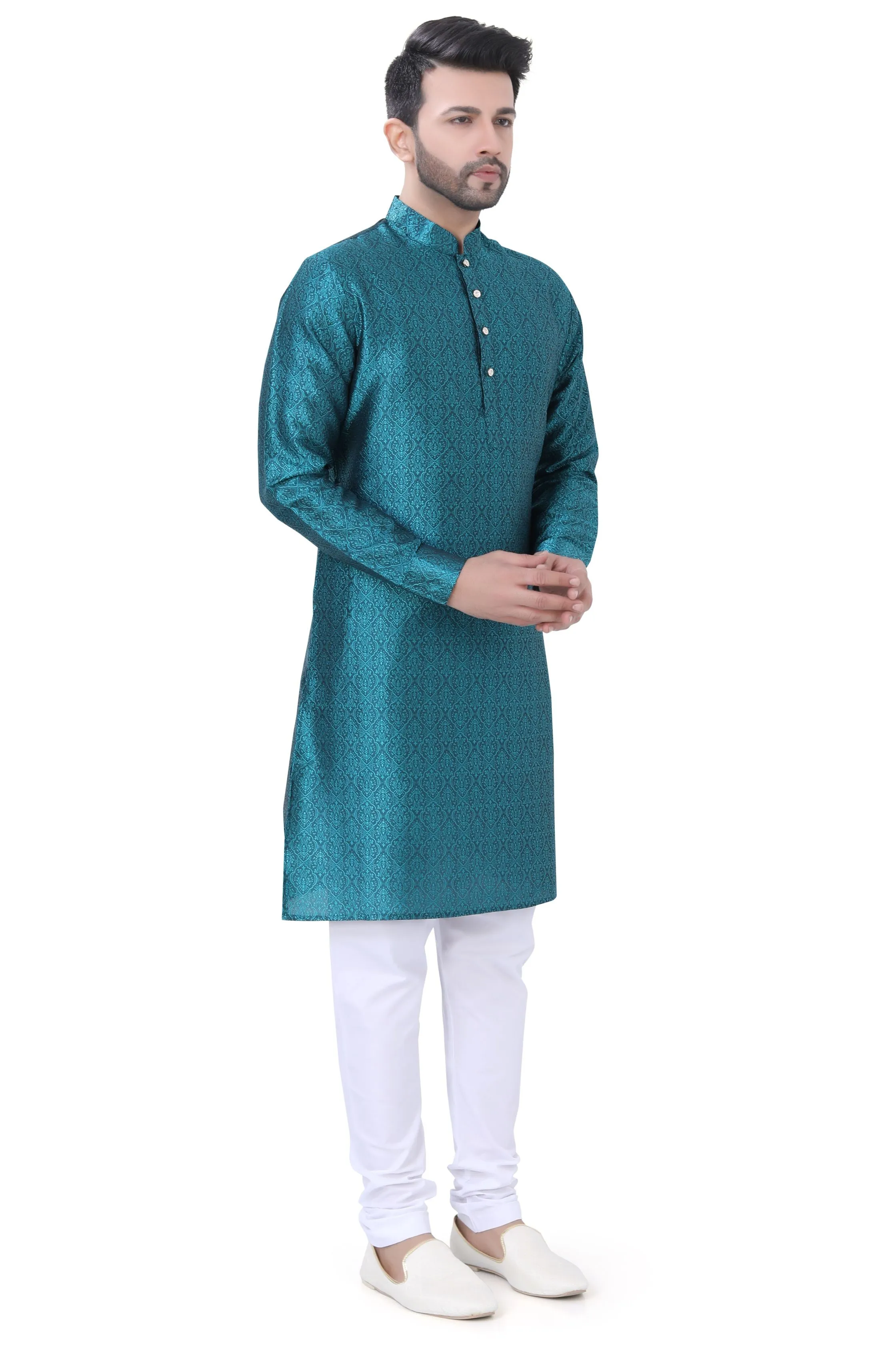 Self Jaquard Kurta in Peacock Rama Green Colour