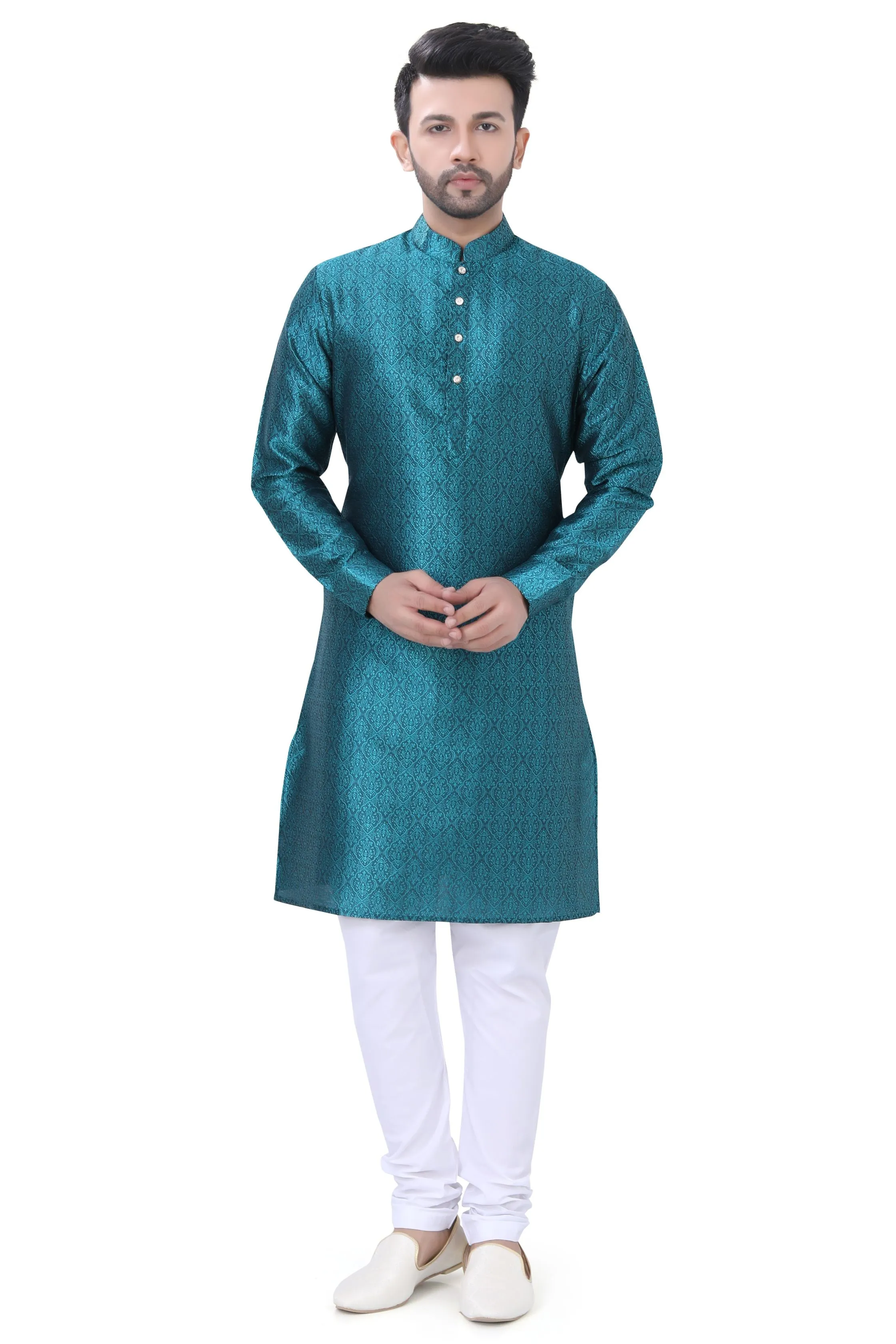 Self Jaquard Kurta in Peacock Rama Green Colour