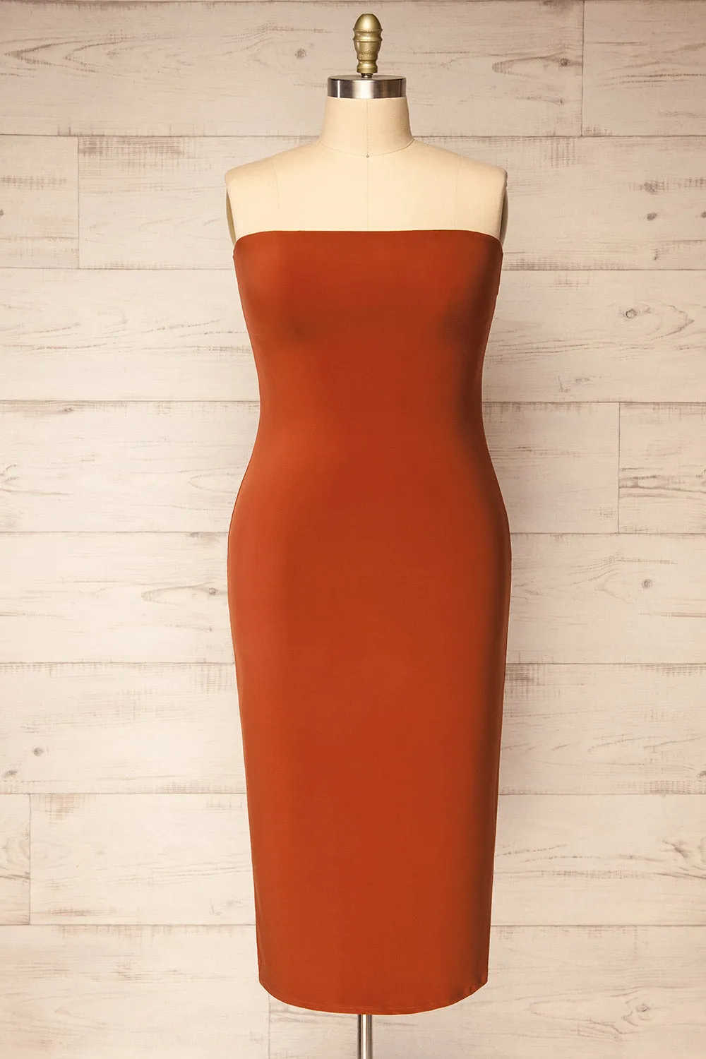 Victorya Rust | Strapless Fitted Midi Dress