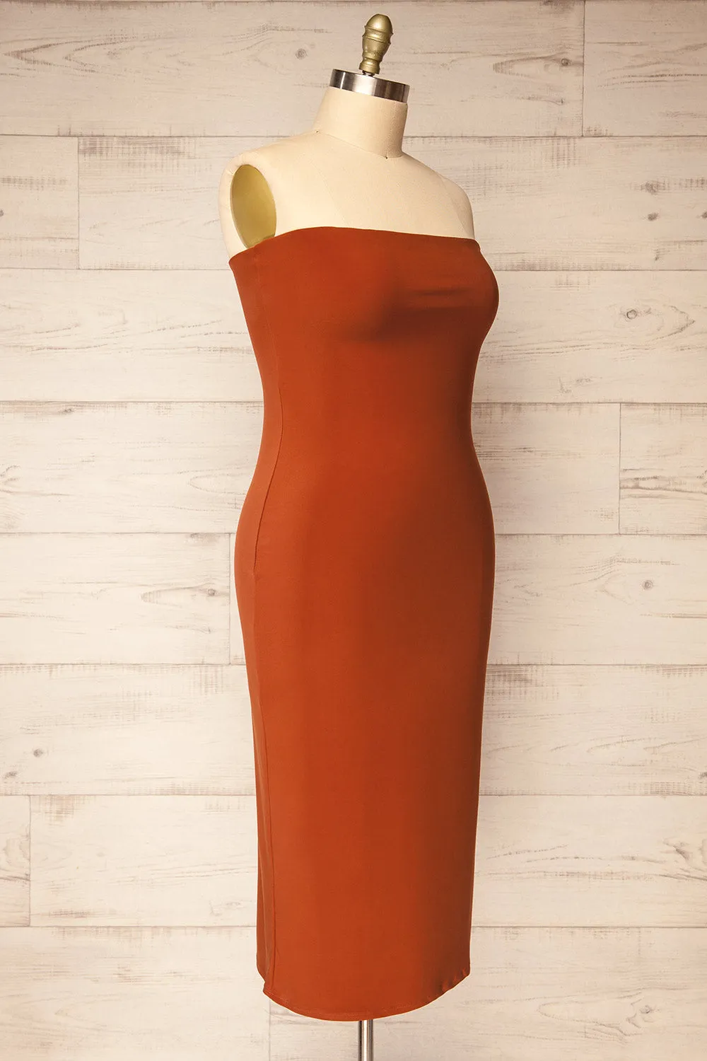 Victorya Rust | Strapless Fitted Midi Dress